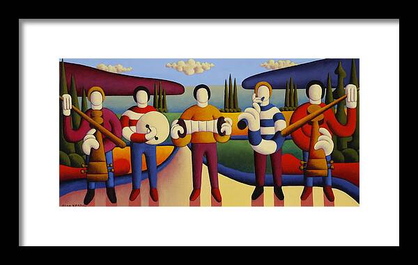 Irish Contemporary Framed Print featuring the painting Music Trad Session With Five Soft Musicians by Alan Kenny