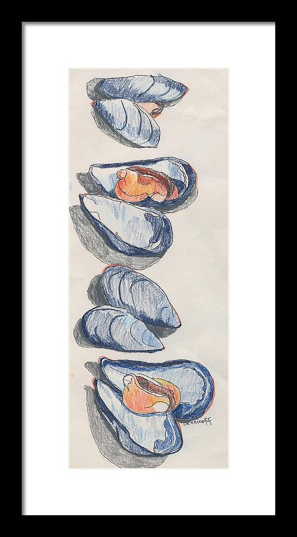 Colored Pencil Framed Print featuring the drawing Mussels by Jan Bennicoff