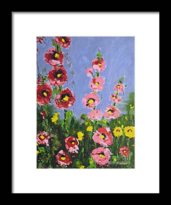 Hollyhocks Framed Print featuring the painting My Energy of Peace by Mary Mirabal
