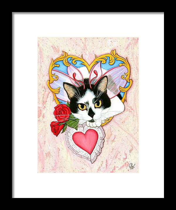 Tuxedo Cat Framed Print featuring the painting My Feline Valentine Tuxedo Cat by Carrie Hawks