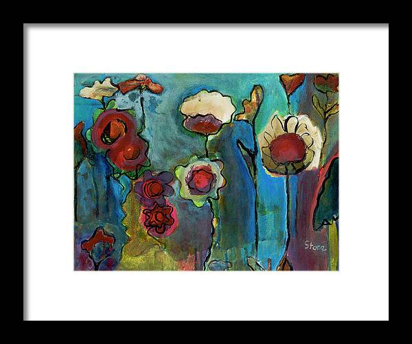 Red Pink Flowers On Blue Background Framed Print featuring the painting My Mother's Garden by Susan Stone