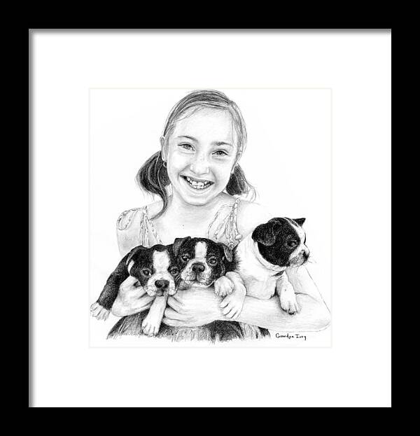 Girl Framed Print featuring the drawing My Puppies by Mike Ivey