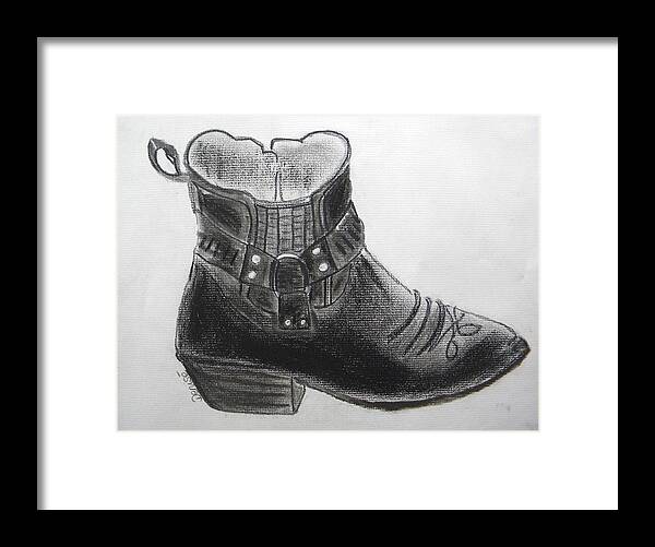 Black Framed Print featuring the drawing My Right Boot by Denise Hills