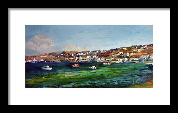  Framed Print featuring the painting Mykonos Harbour by Josef Kelly