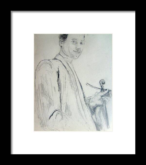 Sketch Framed Print featuring the drawing Myself with a violin by Andrew Gillette
