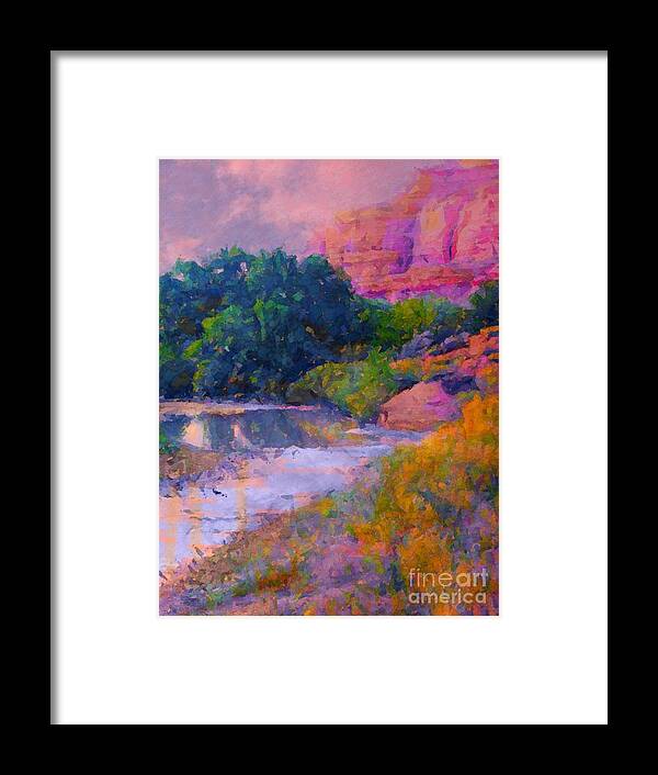 Mystic Pink Hues In Evening Cast A Mellow Mood On Delores River Gateway Colorado Hwy 141 Framed Print featuring the digital art Mystic pinks in Canyon by Annie Gibbons