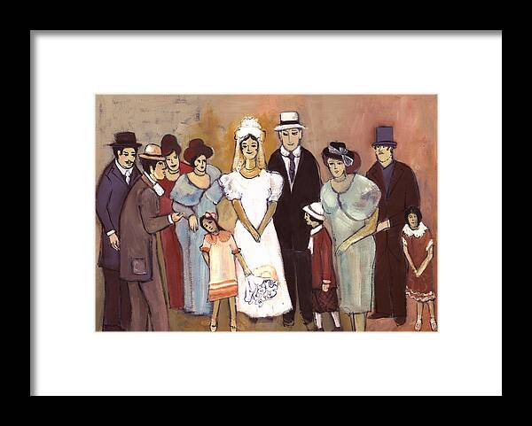 Naive Framed Print featuring the painting Naive wedding large family white bride black groom red women girls brown men with hats and flowers by Rachel Hershkovitz