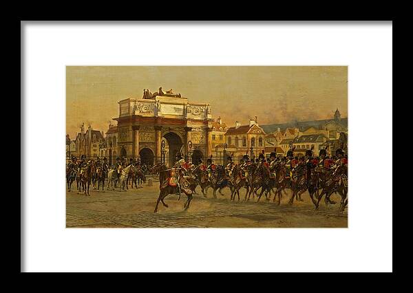 Francois Flameng Framed Print featuring the painting Napoleon and his staff reviewing the mounted chasseurs of the Imperial guard by MotionAge Designs