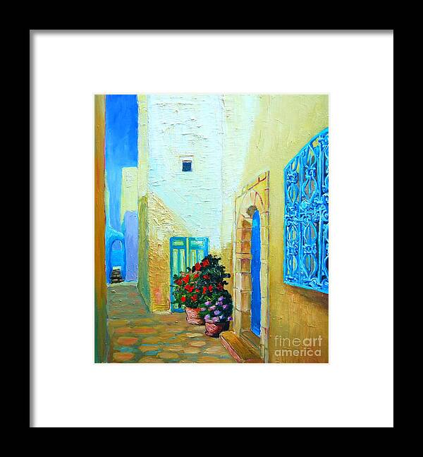 Blue Framed Print featuring the painting Narrow street in Hammamet by Ana Maria Edulescu