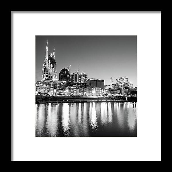 America Framed Print featuring the photograph Nashville Skyline at Dusk in Black and White - Square by Gregory Ballos