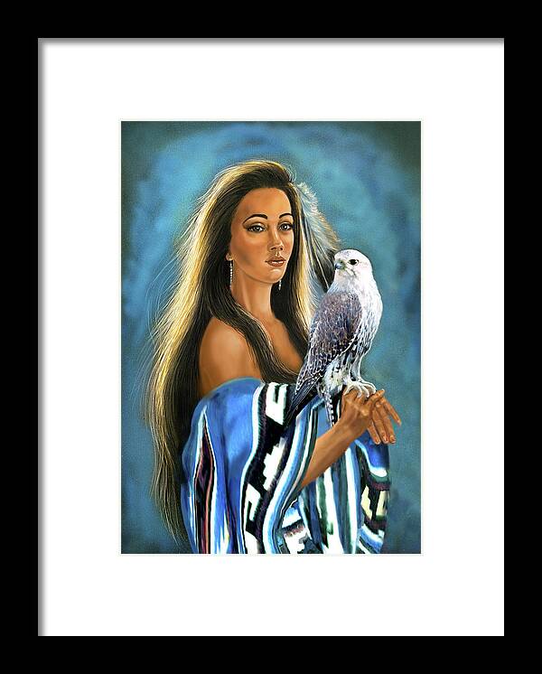 Artwork Framed Print featuring the painting Native American maiden with falcon by Regina Femrite