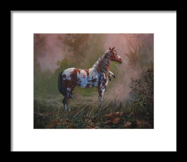 Horses Framed Print featuring the painting Native American War Pony by Tom Shropshire