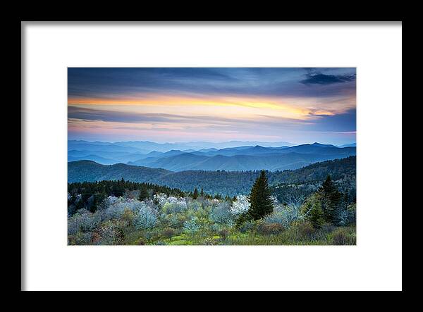 Blue Ridge Mountains Framed Print featuring the photograph NC Blue Ridge Parkway Landscape in Spring - Blue Hour Blossoms by Dave Allen