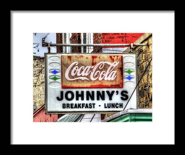 Nebraska City Framed Print featuring the photograph Nebraska City Johnny's for Breakfast Lunch and Coca-Cola by J Laughlin