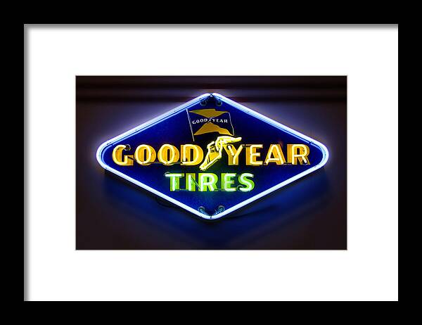 Transportation Framed Print featuring the photograph Neon Goodyear Tires Sign by Mike McGlothlen