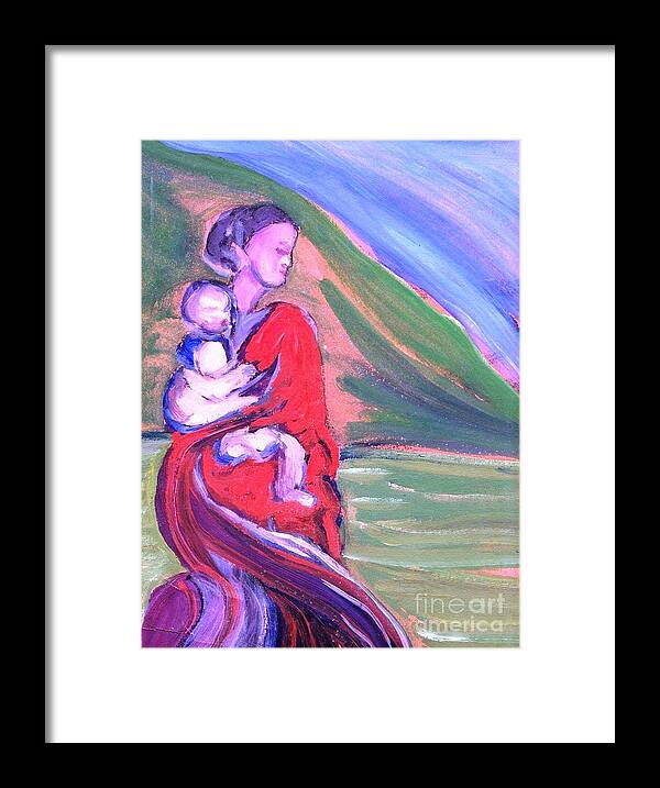It Does Not Matter Framed Print featuring the painting Refugee Woman with baby by Duygu Kivanc