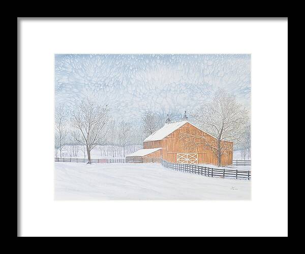 Barn Framed Print featuring the painting New Barn in Snowstorm by Sam Davis Johnson