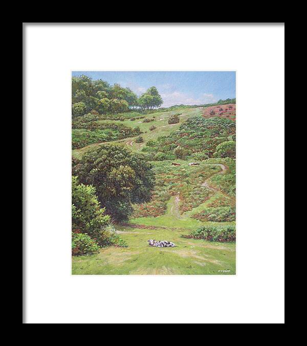 Countryside Framed Print featuring the painting New Forest Hill with cows and horses by Martin Davey