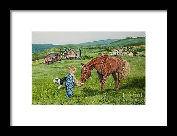 Country Kids Art Framed Print featuring the painting New Friends by Charlotte Blanchard