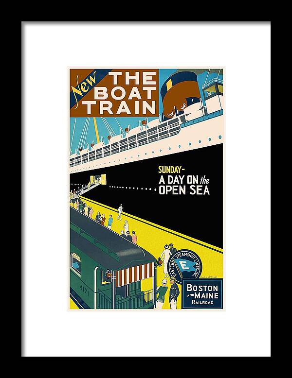 Boat Train Framed Print featuring the mixed media New The Boat Train - A Day on The Open Sea - Retro travel Poster - Vintage Poster by Studio Grafiikka