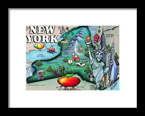 New York Framed Print featuring the digital art New York Cartoon Map by Kevin Middleton