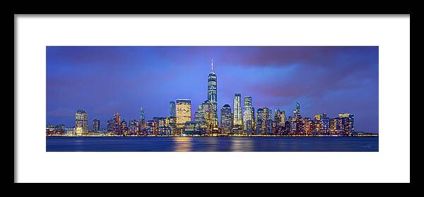 New York City Skyline Dusk Framed Print featuring the photograph New York City 2018 Freedom Tower World Trade Center WTC Lower Manhattan NYC by Jon Holiday