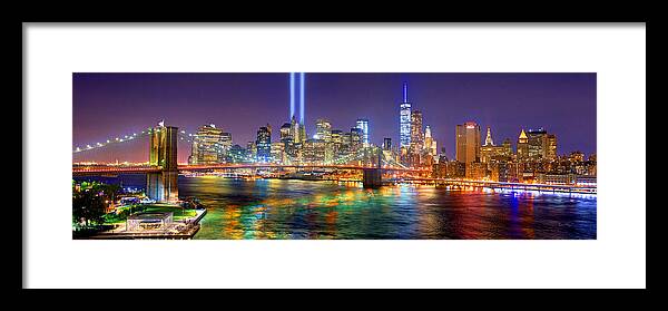 New York City Skyline Night Framed Print featuring the photograph New York City Brooklyn Bridge Tribute in Lights Freedom Tower World Trade Center WTC Manhattan NYC by Jon Holiday