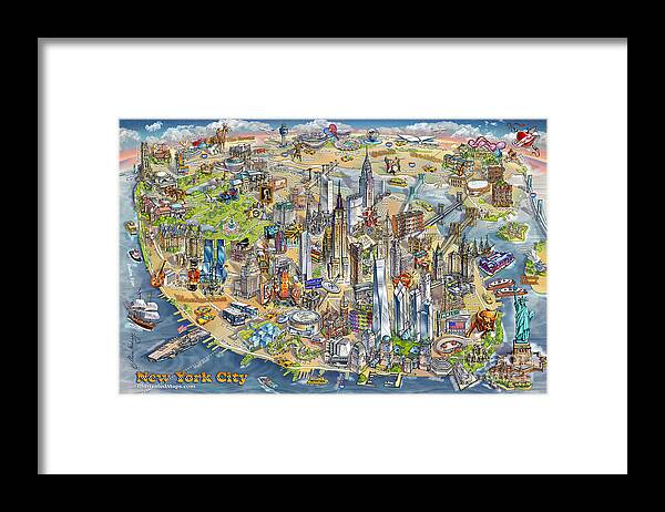 Manhattan Framed Print featuring the painting New York City Illustrated Map by Maria Rabinky