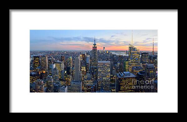 New York City Skyline At Dusk Framed Print featuring the photograph New York City Manhattan Empire State Building at Dusk NYC Panorama by Jon Holiday