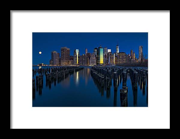 World Trade Center Framed Print featuring the photograph New York City Moonset by Susan Candelario