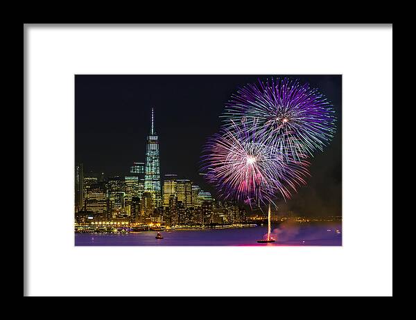 Fireworks Framed Print featuring the photograph New York City Summer Fireworks by Susan Candelario