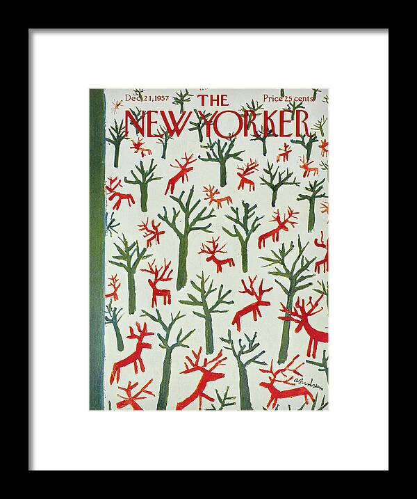 Reindeer Framed Print featuring the painting New Yorker December 21 1957 by Abe Birnbaum