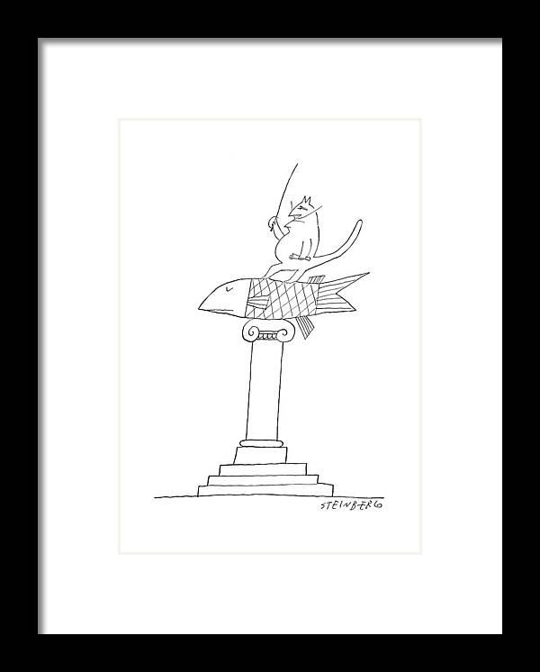 93849 Sst Saul Steinberg (statue Of A Large Fish With A Cat Standing On Top Of Him Holding A Sword.) Animal Animals Art Arts Cat Cats Feline Felines ?sh Holding Large Pet Pets Standing Statue Sword Top Framed Print featuring the drawing New Yorker June 14th, 1958 by Saul Steinberg