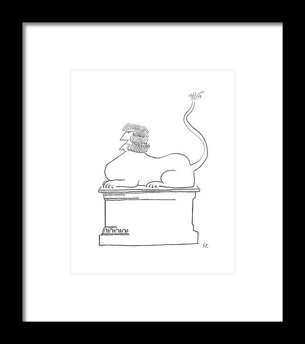 97211 Sst Saul Steinberg (library Lion With Head Of A Stern Woman And Large Bosom Looking Like A Sphinx.) Bosom Classical Creature Expression Facial Frown Gender Grimace Head Large Library Like Lion Looking Myth Mythology Roles Sculpture Sexes Sphinx Statue Stereotypes Stern Threatening Woman Women Framed Print featuring the drawing New Yorker May 2nd, 1953 by Saul Steinberg
