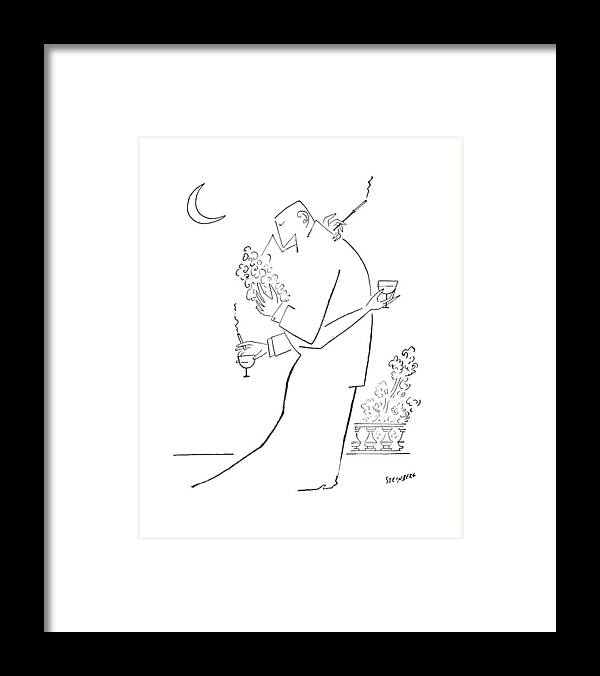 97437 Sst Saul Steinberg (couple Embrace. Both Are Holding A Cocktail Glass And A Cigarette.) Alcohol Attraction Attractive Beer Booze Both Chase Cigarette Cocktail Couple Drink Embrace ?irt ?irting Glass Hit Hitting Holding Likeness Love Marriage Men Personality Relations Relationships Romance Sex Sexual Sexy Similar Smoke Smoking Vice Women Framed Print featuring the drawing New Yorker September 5th, 1953 by Saul Steinberg