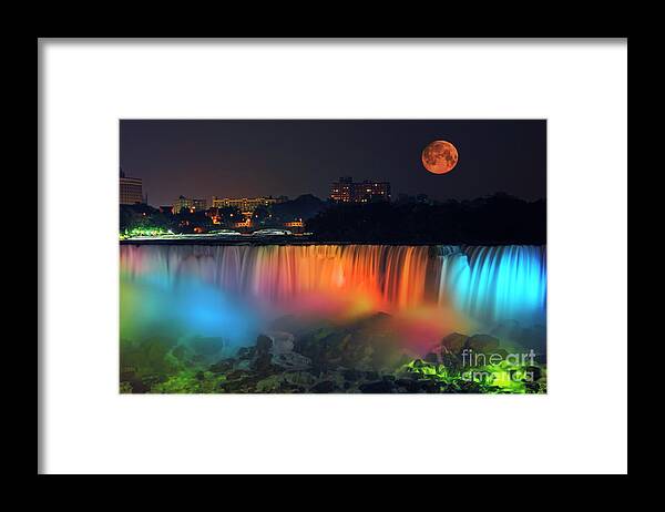 Niagara Falls Framed Print featuring the photograph Niagara Falls with Rising Supermoon by Charline Xia