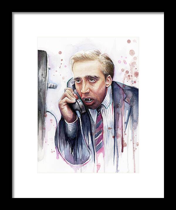 Nicolas Cage Framed Print featuring the painting Nicolas Cage A Vampire's Kiss Watercolor Art by Olga Shvartsur