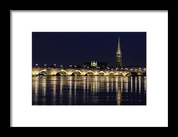 Ancient Framed Print featuring the photograph Night view of The Pont de pierre Bordeaux, France by Freepassenger By Ozzy CG