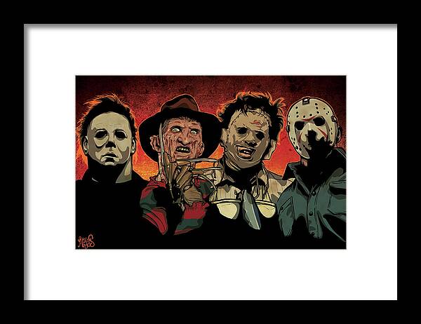 Michael Myers Freddy Krueger Leatherface Texas Chainsaw Massacre Jason Voorhees Friday The 13th Nightmare Elm Street Halloween Scary Horror Terror Movie Film Monster Slasher Classic Flick Poster Killer Illustration Drawing Portrait Digital Framed Print featuring the drawing Nightmare by Miggs The Artist