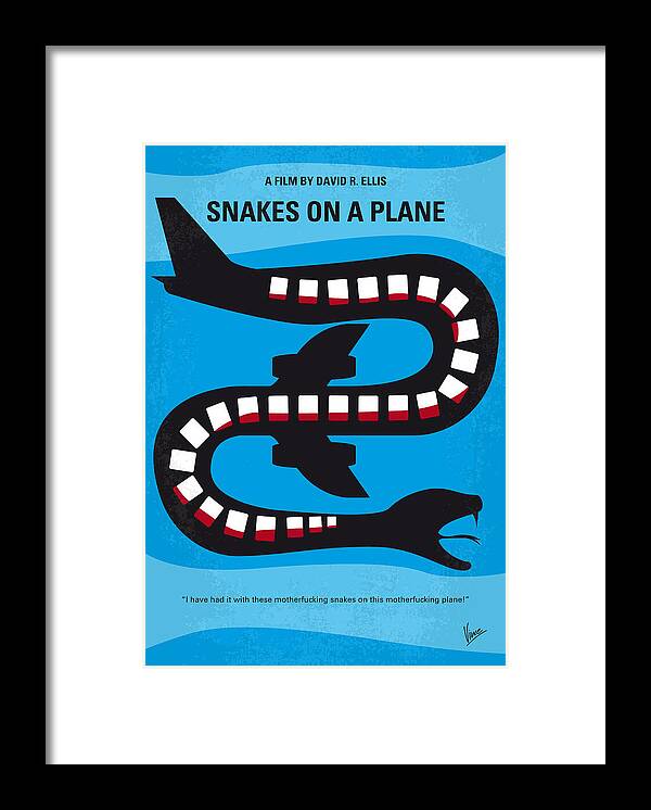 Snakes On A Plane Framed Print featuring the digital art No501 My Snakes on a Plane minimal movie poster by Chungkong Art