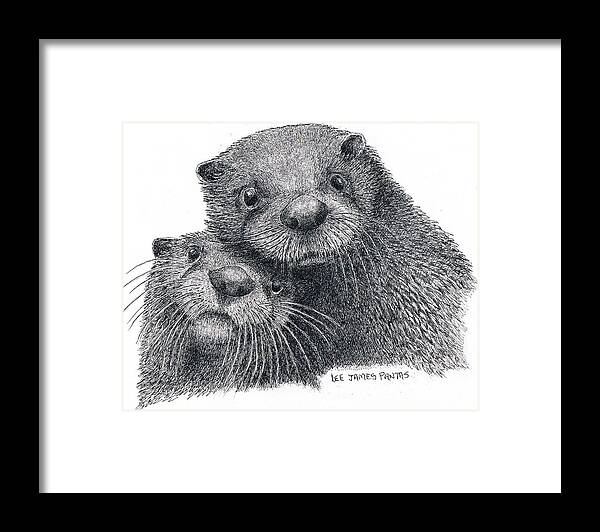 Otter Framed Print featuring the drawing North American River Otters by Lee Pantas