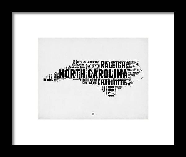  Framed Print featuring the digital art North Carolina Word Cloud Map 2 by Naxart Studio