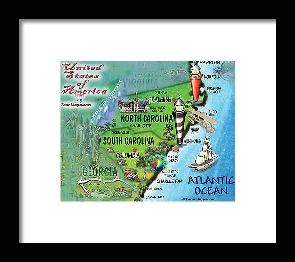 North Carolina Framed Print featuring the digital art North South Carolina Fun Map by Kevin Middleton