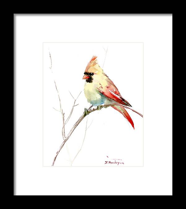 Cardinal Bird Framed Print featuring the painting Northern Cardinal,female by Suren Nersisyan