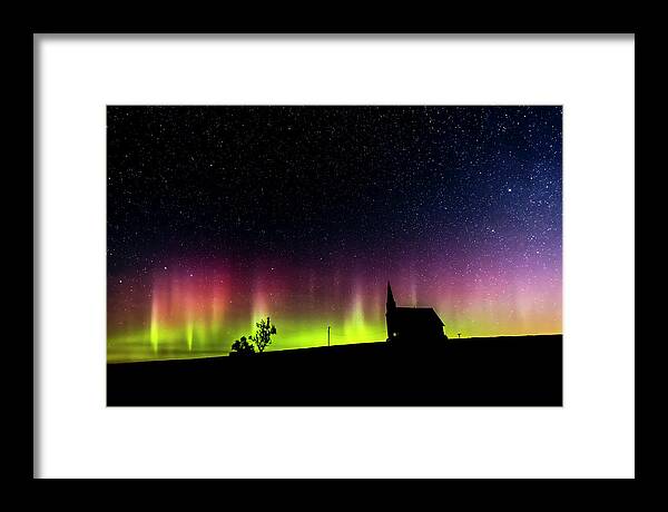 Northern Lights Framed Print featuring the photograph Northern Lights and Old Church by Yoshiki Nakamura