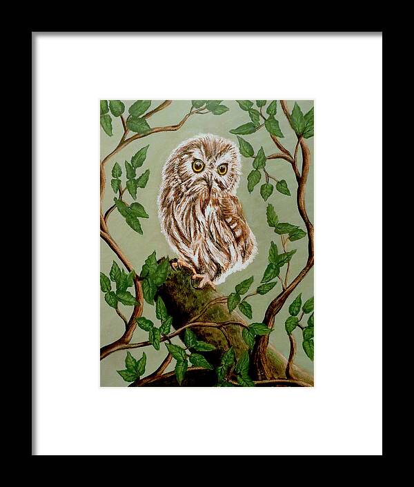 Painting Framed Print featuring the painting Northern Saw-Whet Owl by Teresa Wing
