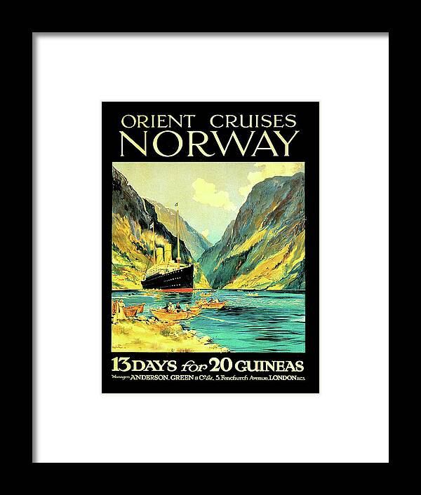 Norway Framed Print featuring the digital art Norway Orient cruises, vintage travel poster by Long Shot