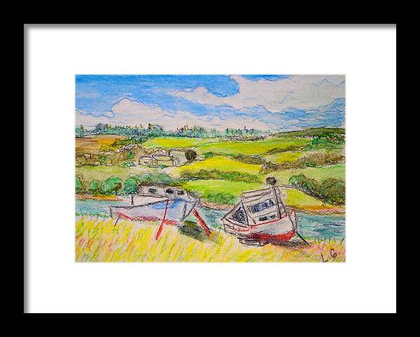 Fishing Boats Framed Print featuring the drawing Nova Scotia Fishing Boats by Lessandra Grimley