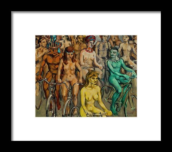 Body-paint Framed Print featuring the painting Nude cyclists with bodypaint by Peregrine Roskilly