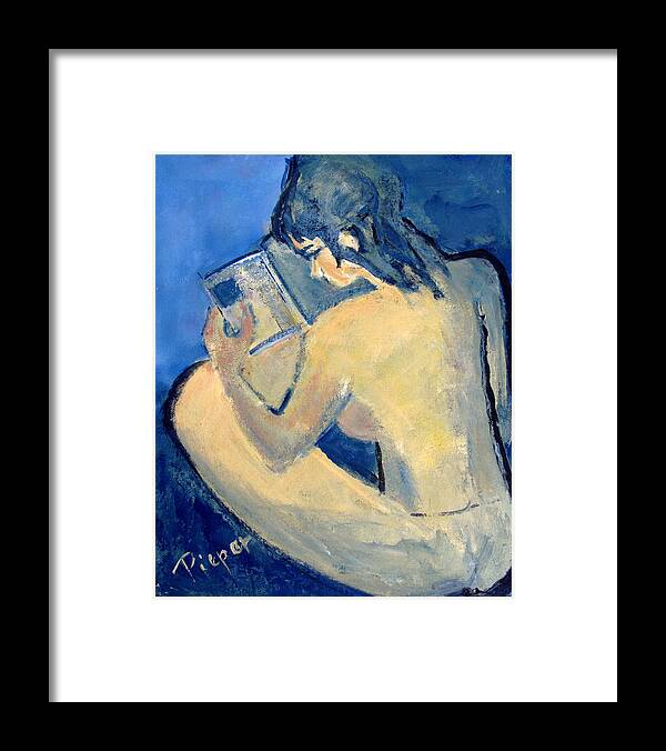 Nude Girl Reading Framed Print featuring the painting Nude with Nose in Book by Betty Pieper